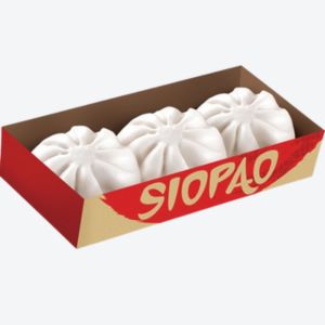 A red box containg 3 pieces of Bola-bola Siopao 