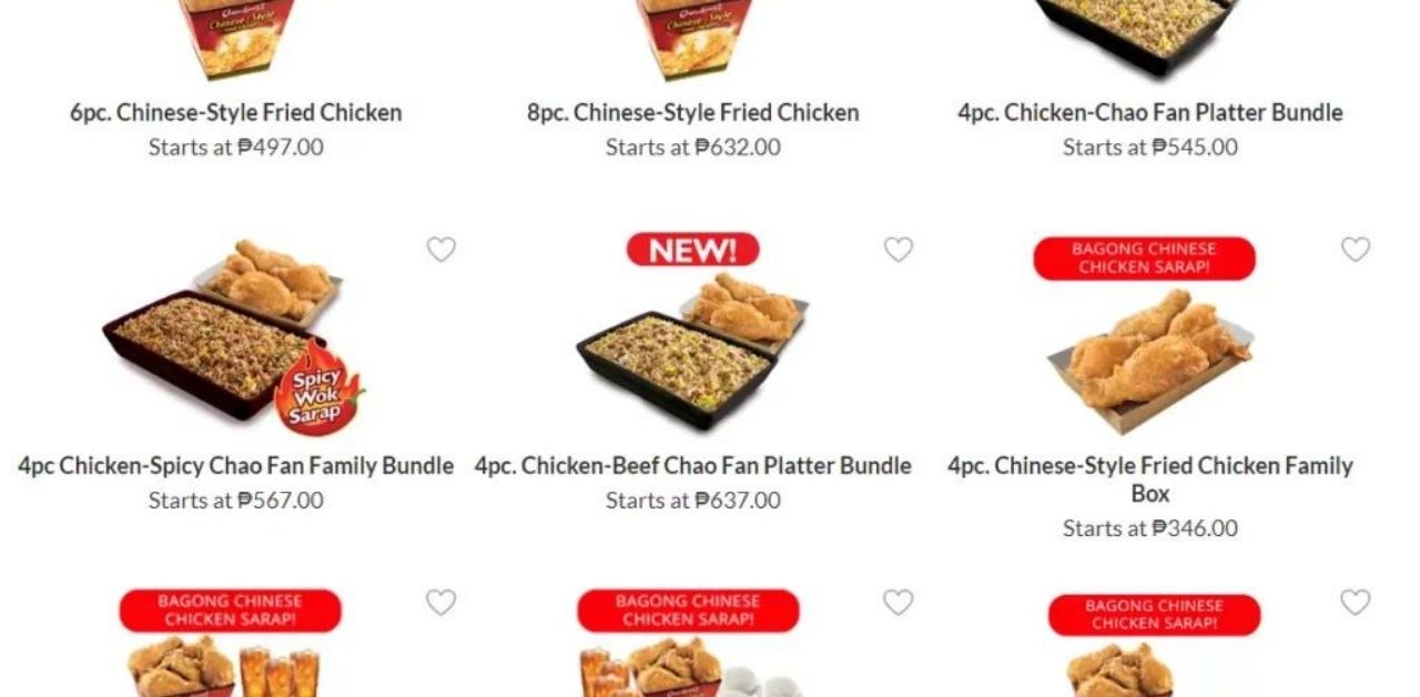 Showing chowking menu items from chowking delivery website