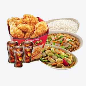 A bundle consists of multiple dishes from chowking including drinks, fried chicken, rice and more caleed family lauriat set A