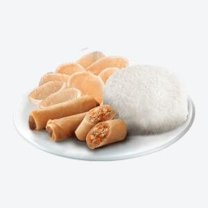 A white plate full of Lumpiang Shanghai Rice Meal