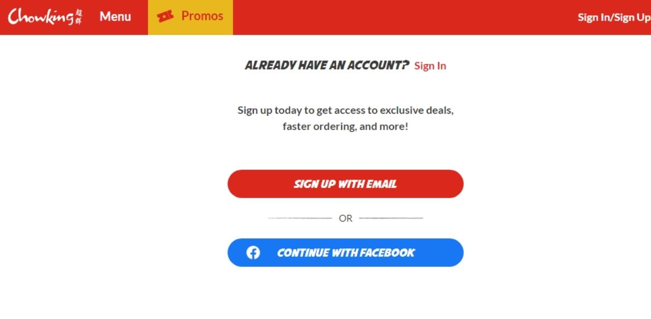 showing account sign up option on chowking delivery website