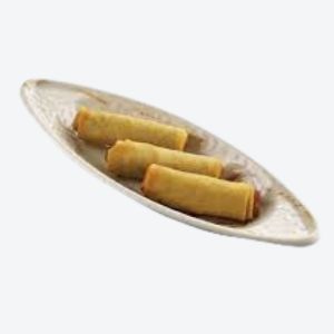 A white curved dish with the 3 pieces of Lumpiang Shanghai