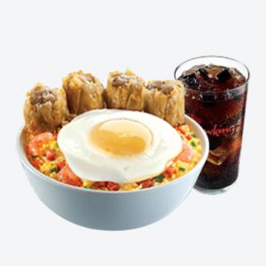 A bowl of chowking pork chao fan with drink