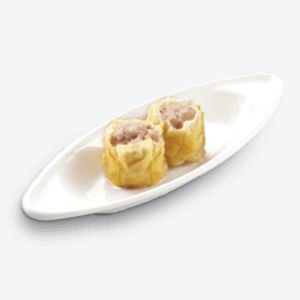 2 pieces of chowking Steamed Pork Siomai on the curved shaped dish