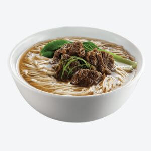 A white bowl containing Chowking beef Mami noodles