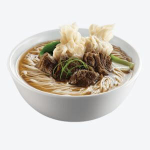 A white bowl containing Beef Wonton Mami noodles