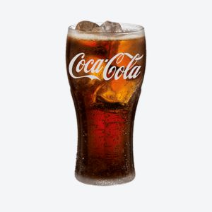 A glass of Coca cola with ice cubes floating in it