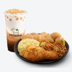 a bundle from chowking includes a glass of milkshake and a plate of fired chicken lauriat