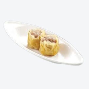 2 pieces of Fried Pork Siomai on the curved shaped dish