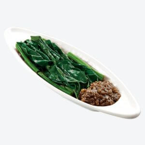 Curved shaped dish serves Kangkong with Chinese Bagoong