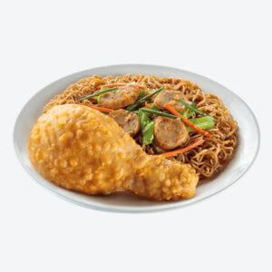 A plate containing pancit canton with the chinese style fried chicken
