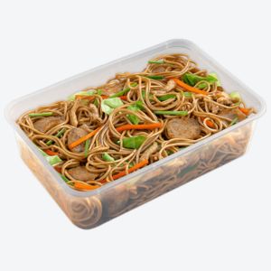 A transparent plastic box containing Pancit Canton