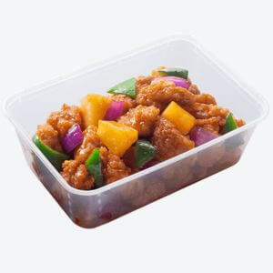 A plastic dish of Sweet & Sour Chicken from chowking
