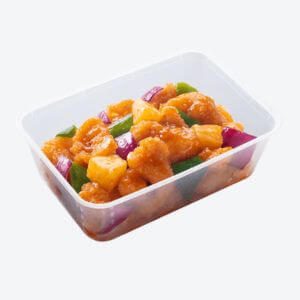 transparent plastic box filled with Sweet & Sour Fish