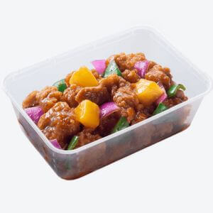 A plastic box contains Chwoking sweet and sour pork group platter