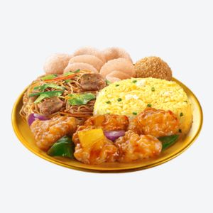 A round yellow plate of Sweet And Sour Fish Lauriat
