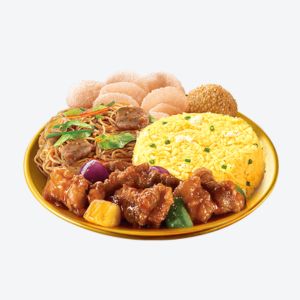 A round yellow plate of chowking Sweet And Sour Pork Lauriat