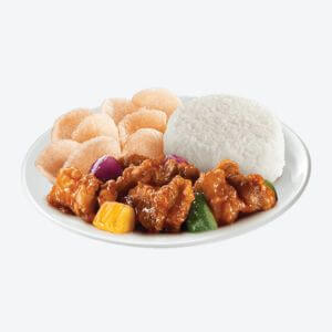 A white plate of chowking sweet and sour pork