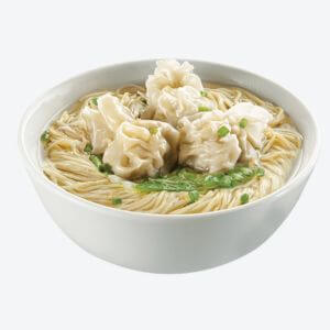 A white bowl containing Wonton Mami noodles