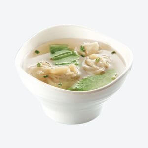 Wonton Soup served inside the curved shaped bowl