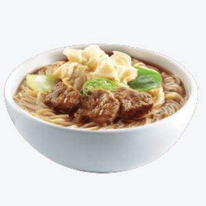 A bowl of beef siomai mami noodle soup
