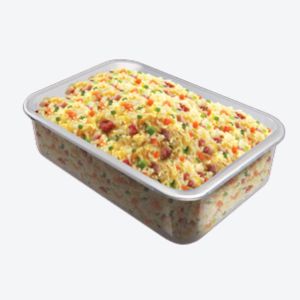 A large plastic box of Egg fried rice 