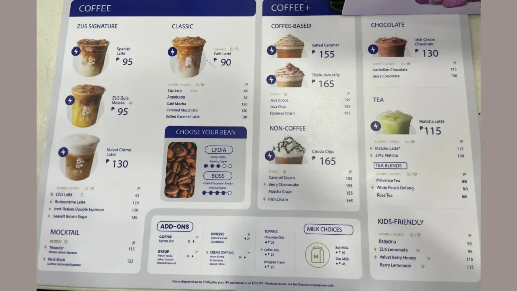 Signature Coffee Zus coffee menu